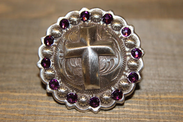 1 3/4" Custom Antique Silver Cross Concho - Amethyst