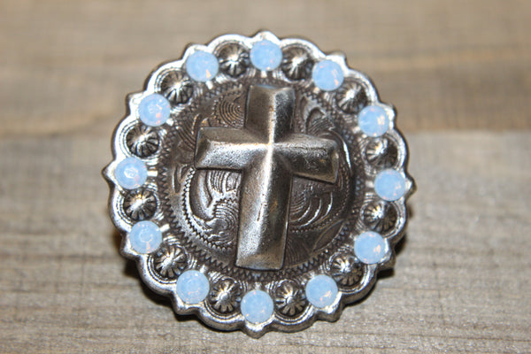 1 3/4" Custom Antique Silver Cross Concho - Air Blue Opal