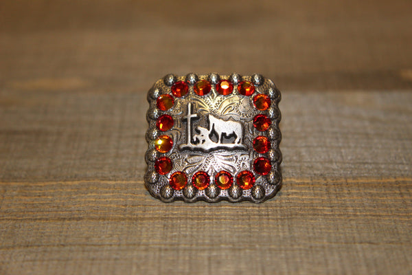 1 3/8" Custom Antique Silver Praying Cowboy Concho - Fire Opal