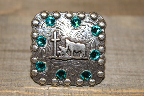 1 3/8" Custom Antique Silver Praying Cowboy Concho - Blue Zircon