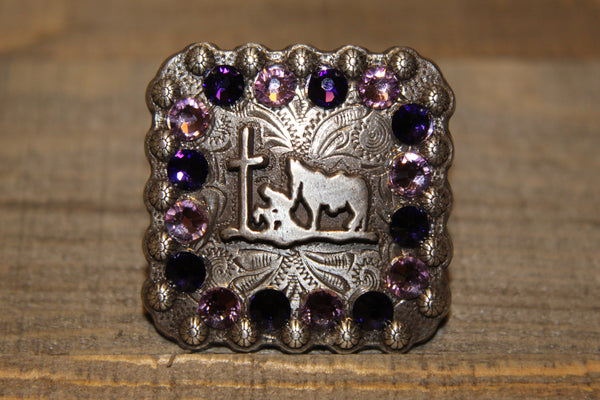 1 3/8" Custom Antique Silver Praying Cowboy Concho - Light Amethyst and Purple Velvet