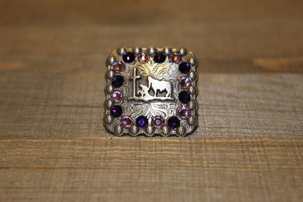 1 3/8" Custom Antique Silver Praying Cowboy Concho - Light Amethyst and Purple Velvet