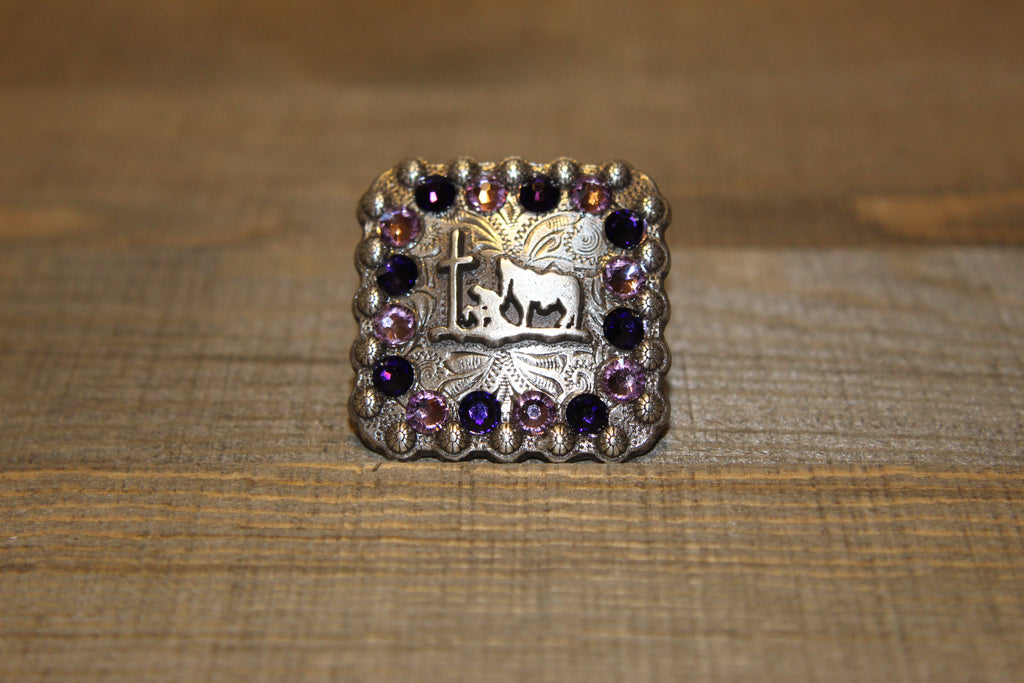 1 3/8" Custom Antique Silver Praying Cowboy Concho - Light Amethyst and Purple Velvet