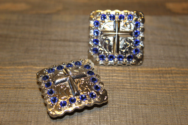 1 3/8" Custom Shiny Silver Cross Concho - Sapphire