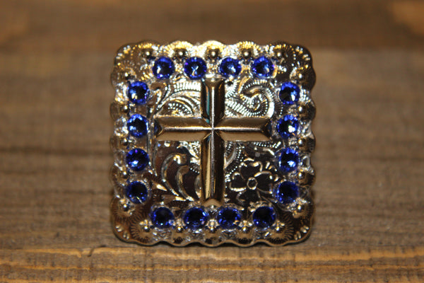 1 3/8" Custom Shiny Silver Cross Concho - Sapphire