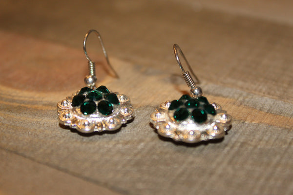 3/4" Shiny Silver Concho Earrings - Emerald