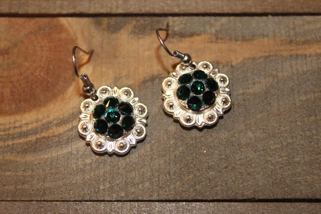 3/4" Shiny Silver Concho Earrings - Emerald