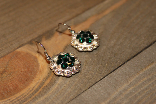 3/4" Shiny Silver Concho Earrings - Emerald