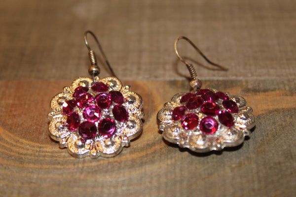 1" Shiny Silver Concho Earrings - Fuchsia