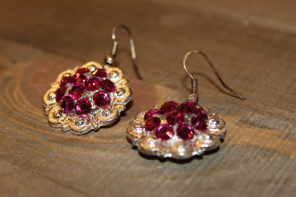 1" Shiny Silver Concho Earrings - Fuchsia