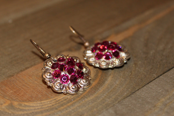 1" Shiny Silver Concho Earrings - Fuchsia