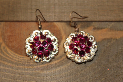 1" Shiny Silver Concho Earrings - Fuchsia