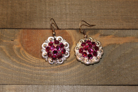 1" Shiny Silver Concho Earrings - Fuchsia