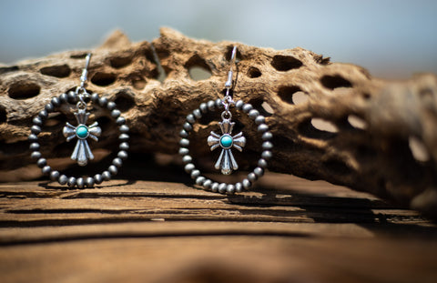 Burnished Silver Turquoise Western Cross With Ball Bead Hoop Earrings