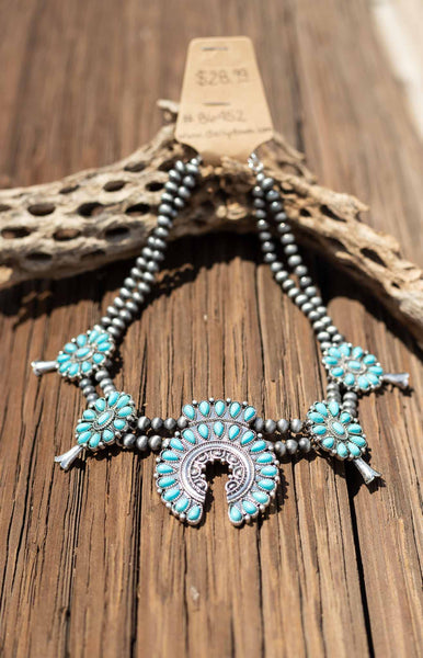 Burnished Silver and Turquoise Squash Blossom Necklace