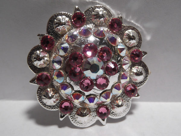 1 3/4" Custom Shiny Silver Berry Concho - Rose with Crystal AB Center